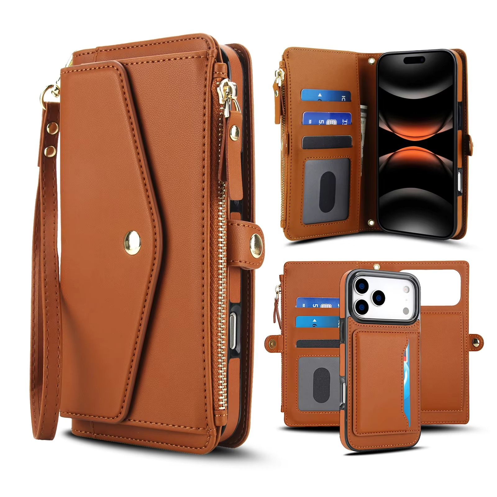Luxury iPhone Case — Crossbody Detachable Magnetic Wallet Cover with Lanyard, Holder Feature and Anti-Fingerprint PU Leather Design