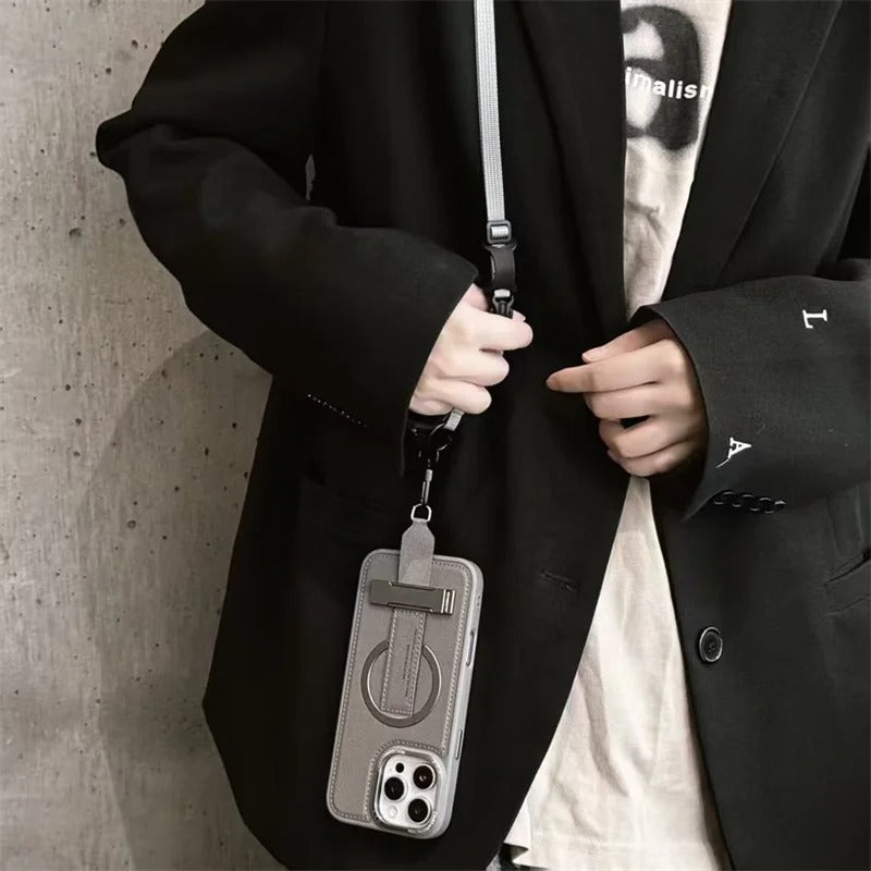 Luxury iPhone Case — Crossbody Leather Magnetic Cover with Wrist Strap Rope Holder, Shockproof Bracket Design and Anti-Fingerprint Protection