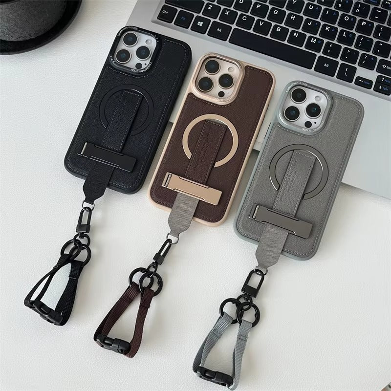 Luxury iPhone Case — Crossbody Leather Magnetic Cover with Wrist Strap Rope Holder, Shockproof Bracket Design and Anti-Fingerprint Protection