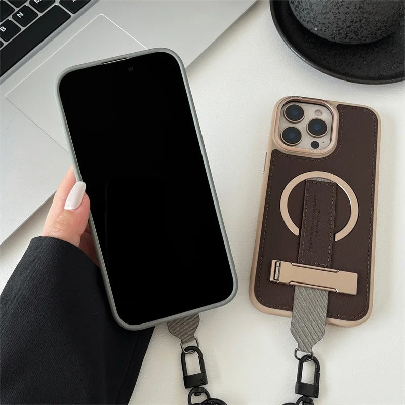 Luxury iPhone Case — Crossbody Leather Magnetic Cover with Wrist Strap Rope Holder, Shockproof Bracket Design and Anti-Fingerprint Protection