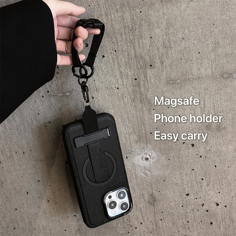 Luxury iPhone Case — Crossbody Leather Magnetic Cover with Wrist Strap Rope Holder, Shockproof Bracket Design and Anti-Fingerprint Protection