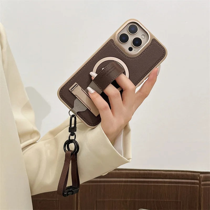 Luxury iPhone Case — Crossbody Leather Magnetic Cover with Wrist Strap Rope Holder, Shockproof Bracket Design and Anti-Fingerprint Protection