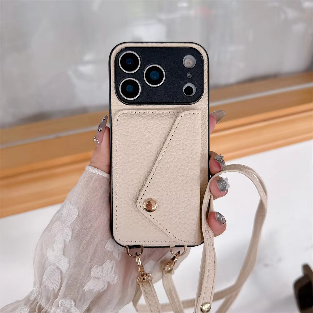 Luxury iPhone Case — Crossbody Leather Wallet Cover with Card Holder, Protective Anti-Scratch Design and Adjustable Lanyard Strap