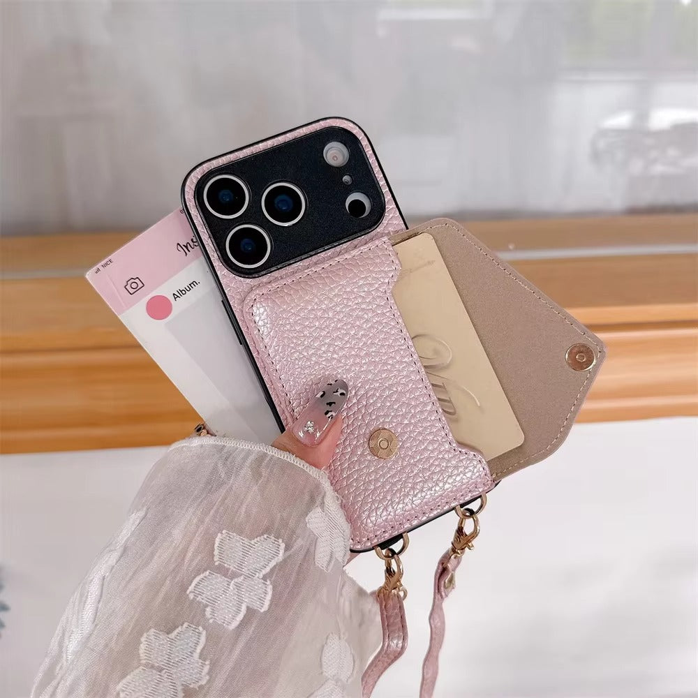 Luxury iPhone Case — Crossbody Leather Wallet Cover with Card Holder, Protective Anti-Scratch Design and Adjustable Lanyard Strap