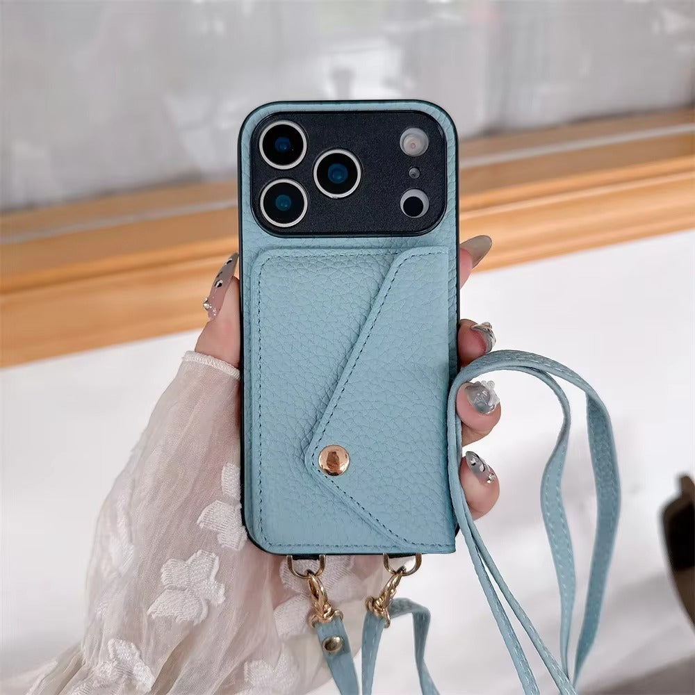 Luxury iPhone Case — Crossbody Leather Wallet Cover with Card Holder, Protective Anti-Scratch Design and Adjustable Lanyard Strap