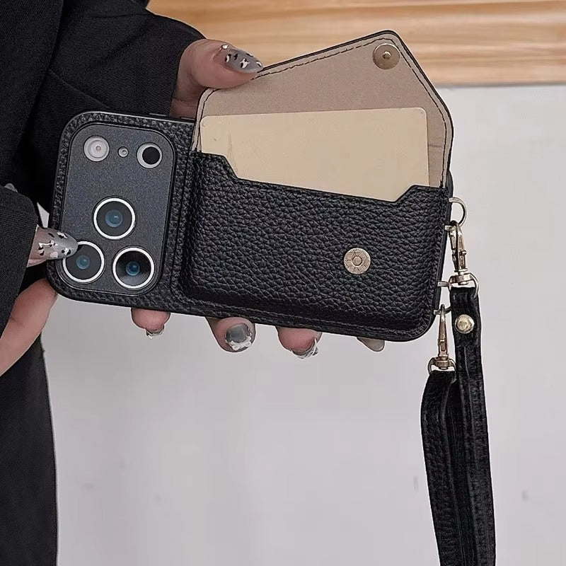 Luxury iPhone Case — Crossbody Leather Wallet Cover with Card Holder, Protective Anti-Scratch Design and Adjustable Lanyard Strap