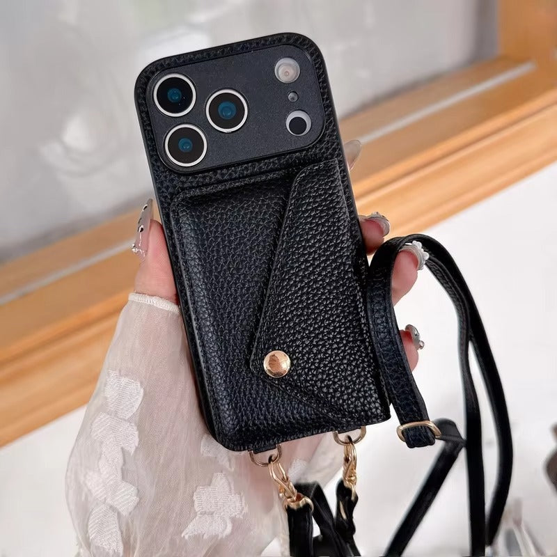 Luxury iPhone Case — Crossbody Leather Wallet Cover with Card Holder, Protective Anti-Scratch Design and Adjustable Lanyard Strap