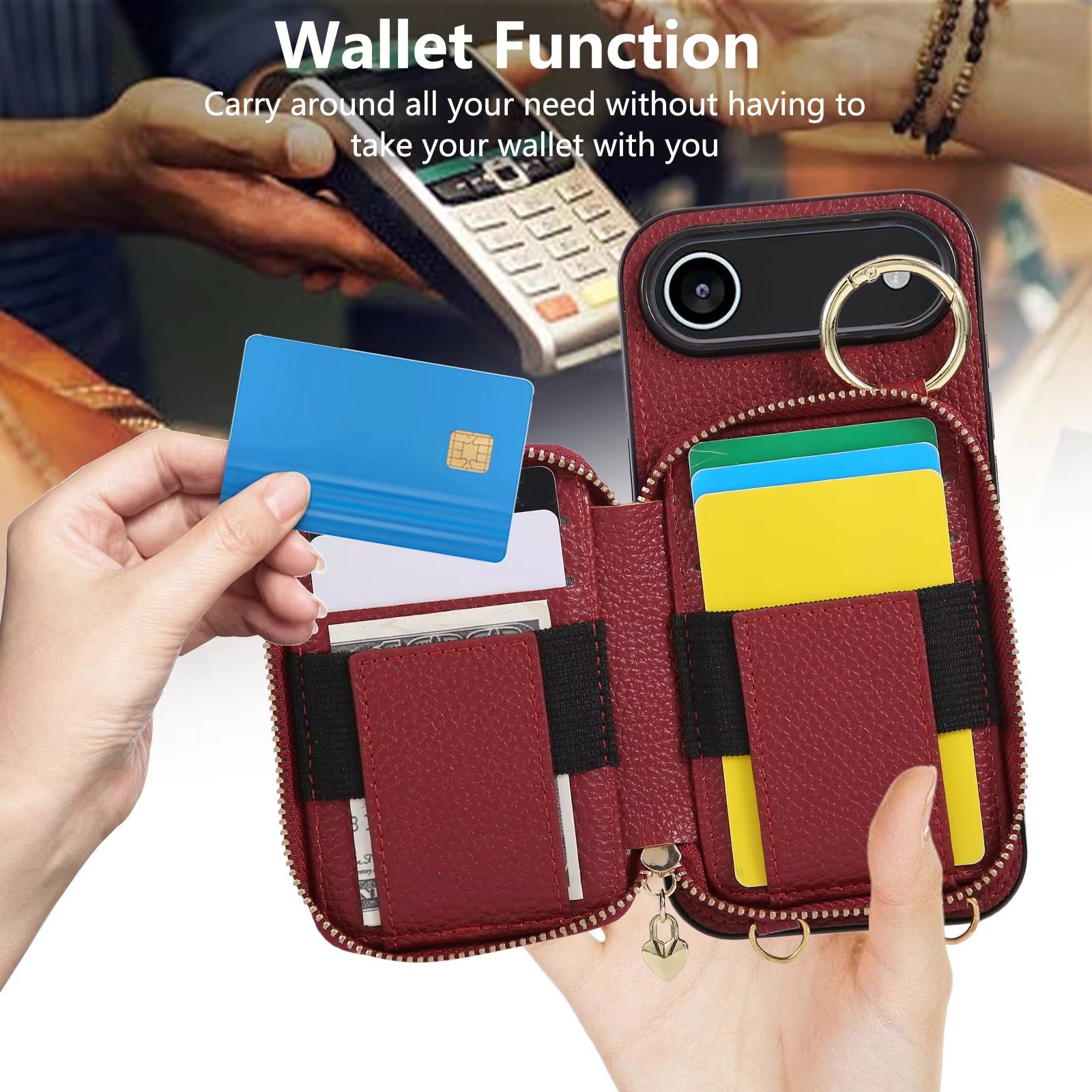 Luxury iPhone Case — Crossbody Leather Wallet Cover with Zipper Card Bag, Lanyard Strap and Grid-Pattern Ring Holder Design