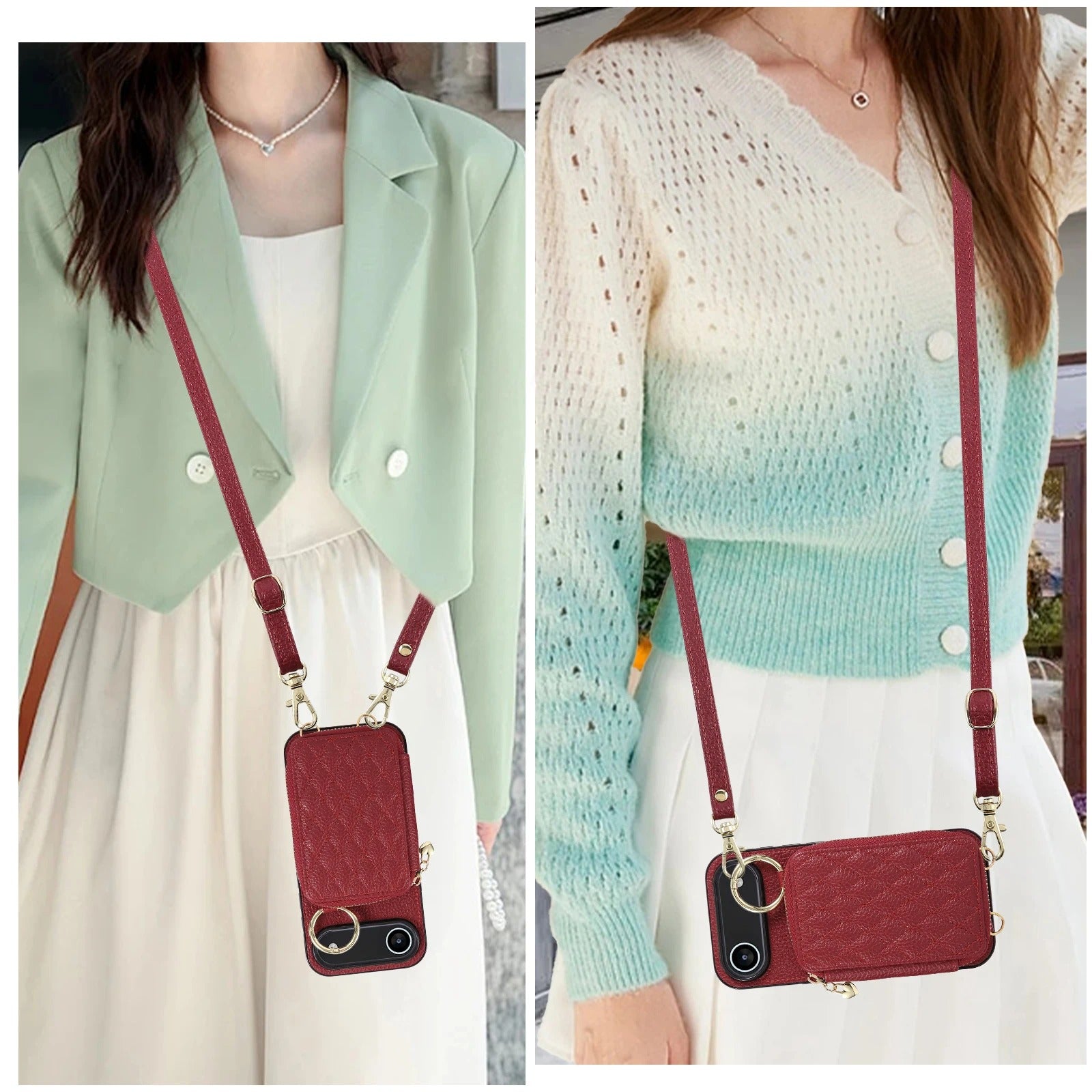 Luxury iPhone Case — Crossbody Leather Wallet Cover with Zipper Card Bag, Lanyard Strap and Grid-Pattern Ring Holder Design