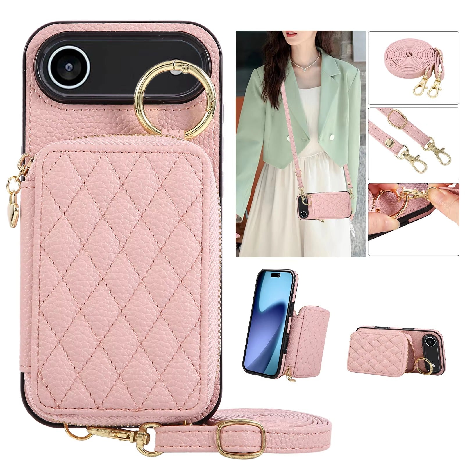 Luxury iPhone Case — Crossbody Leather Wallet Cover with Zipper Card Bag, Lanyard Strap and Grid-Pattern Ring Holder Design