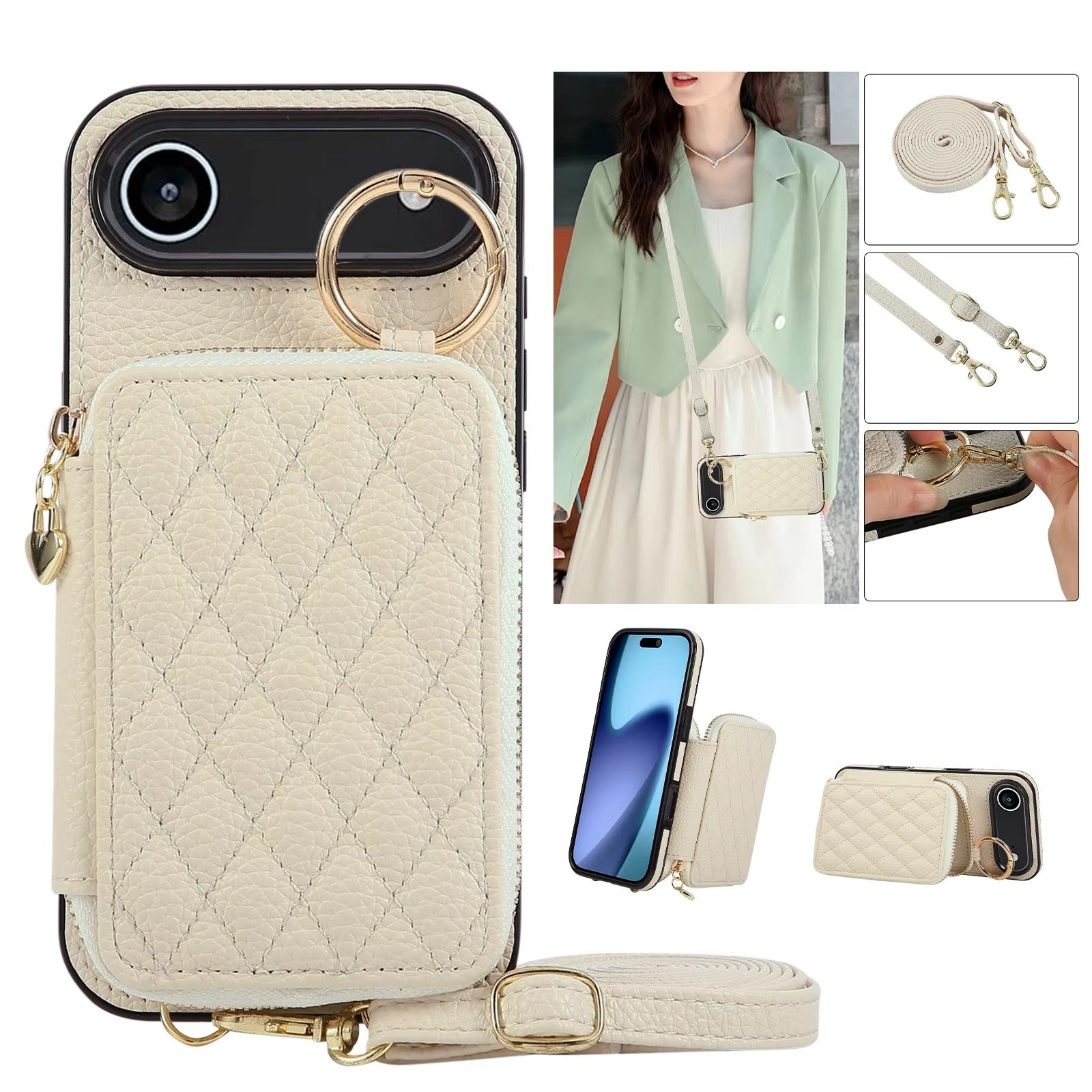 Luxury iPhone Case — Crossbody Leather Wallet Cover with Zipper Card Bag, Lanyard Strap and Grid-Pattern Ring Holder Design