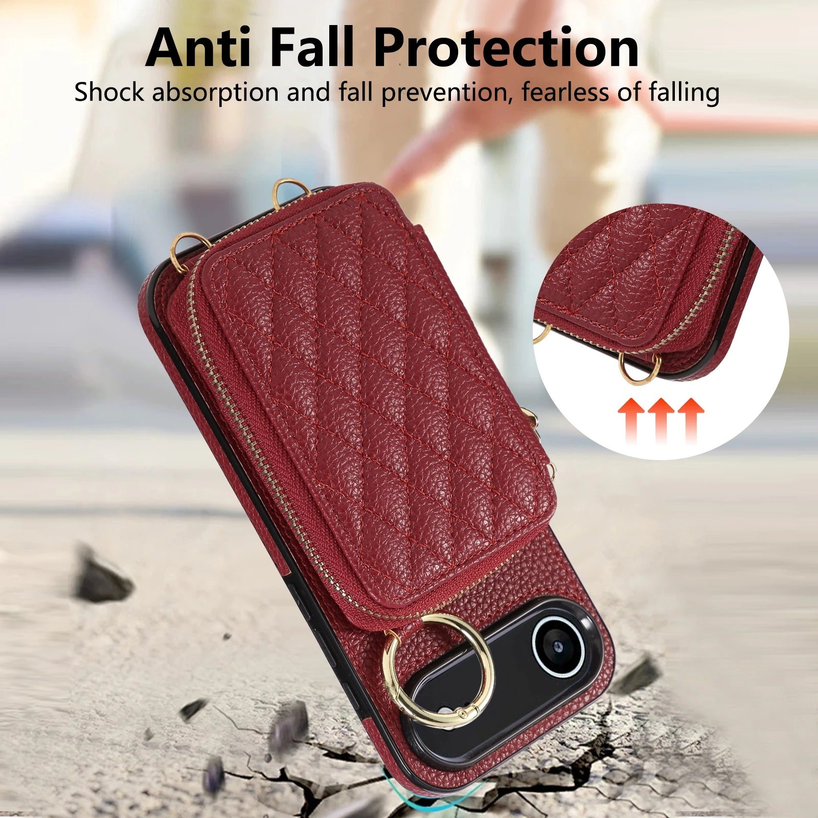 Luxury iPhone Case — Crossbody Leather Wallet Cover with Zipper Card Bag, Lanyard Strap and Grid-Pattern Ring Holder Design