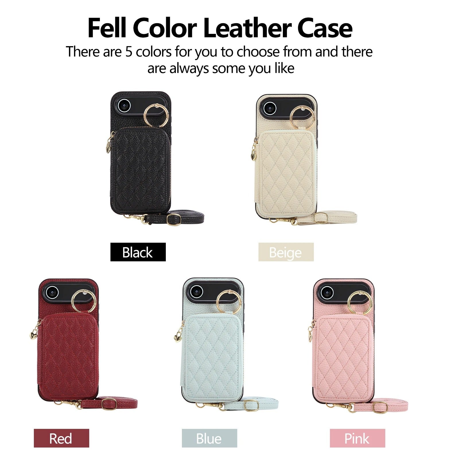 Luxury iPhone Case — Crossbody Leather Wallet Cover with Zipper Card Bag, Lanyard Strap and Grid-Pattern Ring Holder Design