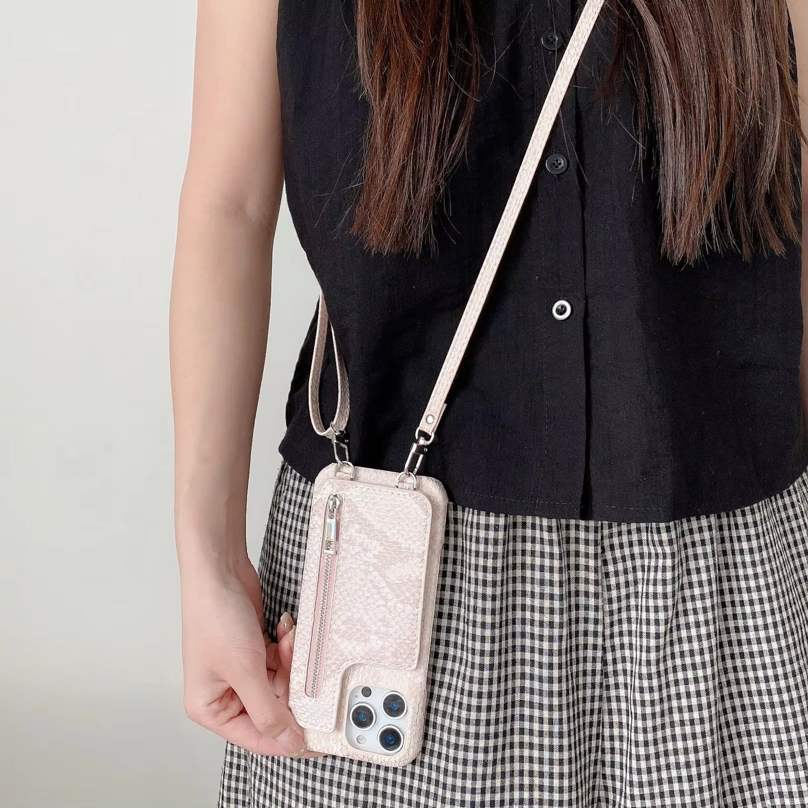 Luxury iPhone Case — Crossbody Makeup-Mirror Wallet Cover with Zipper Card Pocket, Shockproof Non-Slip PU Leather + PC/TPU Design