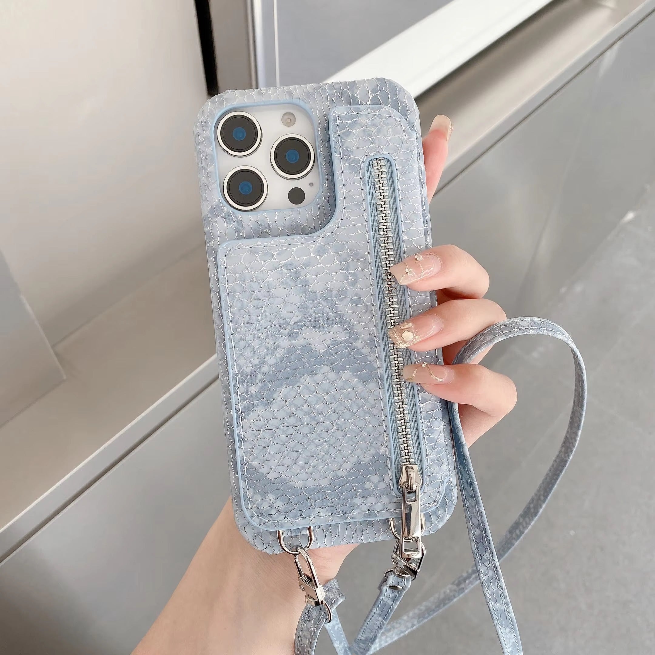 Luxury iPhone Case — Crossbody Makeup-Mirror Wallet Cover with Zipper Card Pocket, Shockproof Non-Slip PU Leather + PC/TPU Design