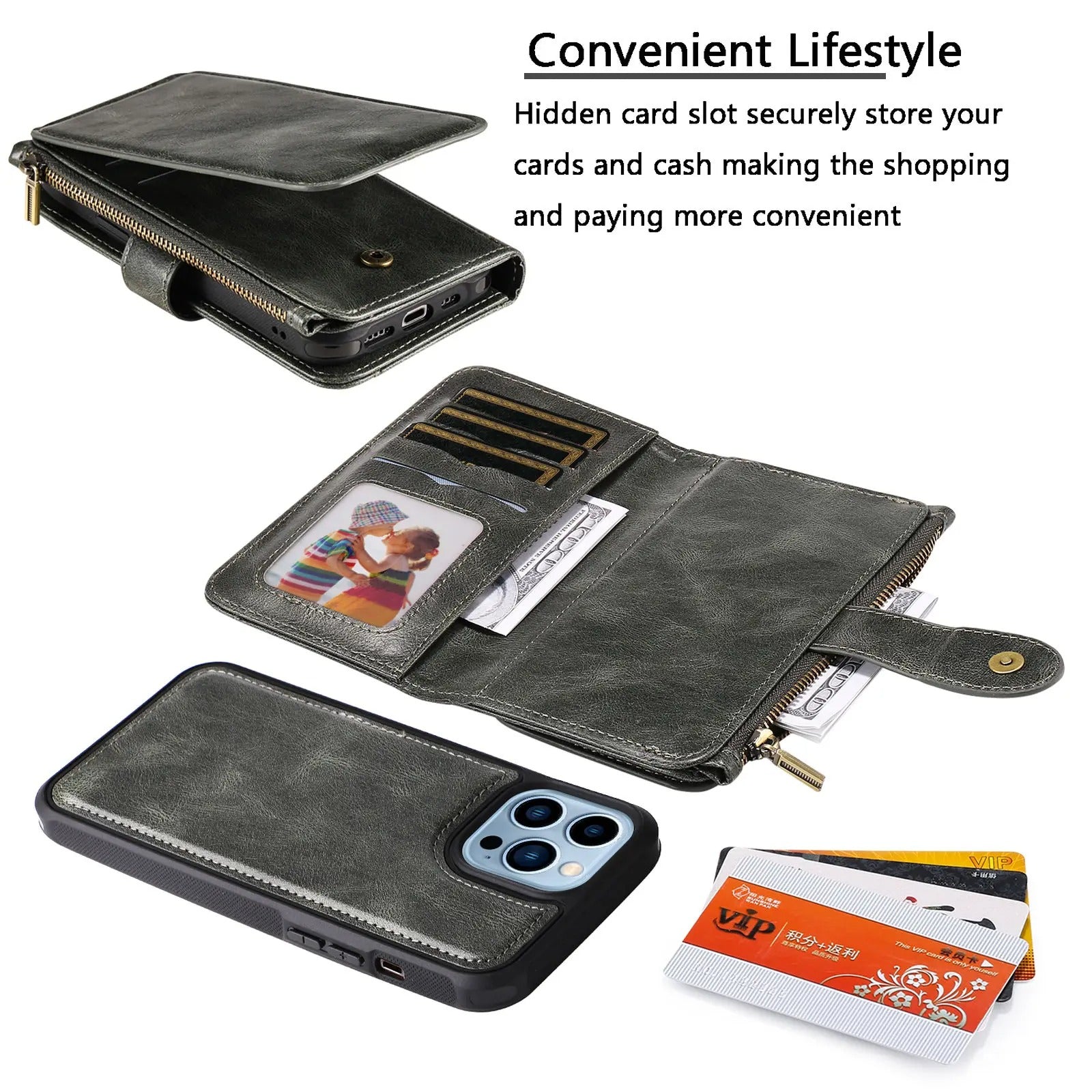 Luxury iPhone Case — Detachable Retro PU Leather Zipper Wallet Cover with Card Slots, Shockproof Anti-Fingerprint Protection & Dustproof Non-Slip Design