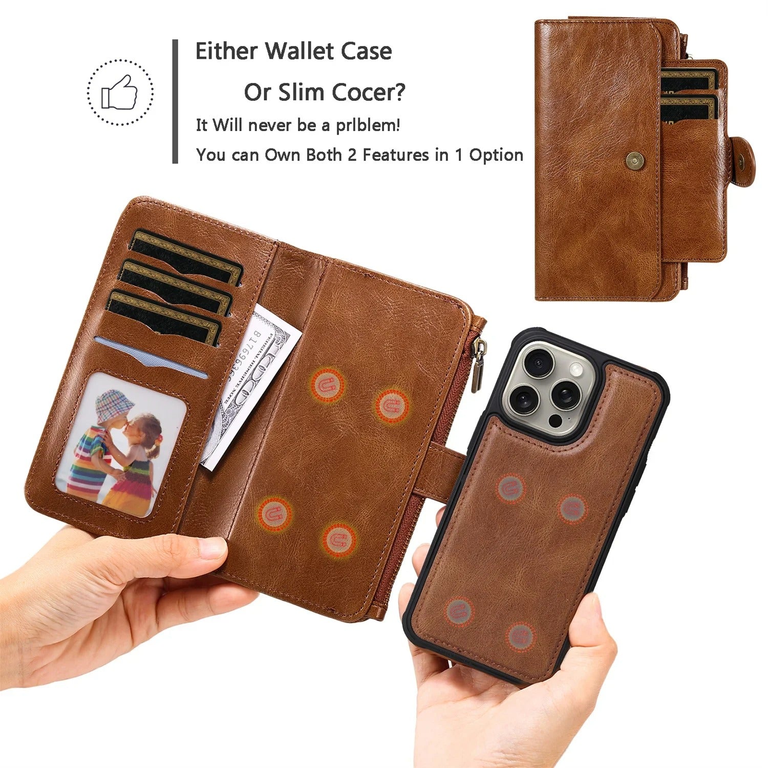 Luxury iPhone Case — Detachable Retro PU Leather Zipper Wallet Cover with Card Slots, Shockproof Anti-Fingerprint Protection & Dustproof Non-Slip Design
