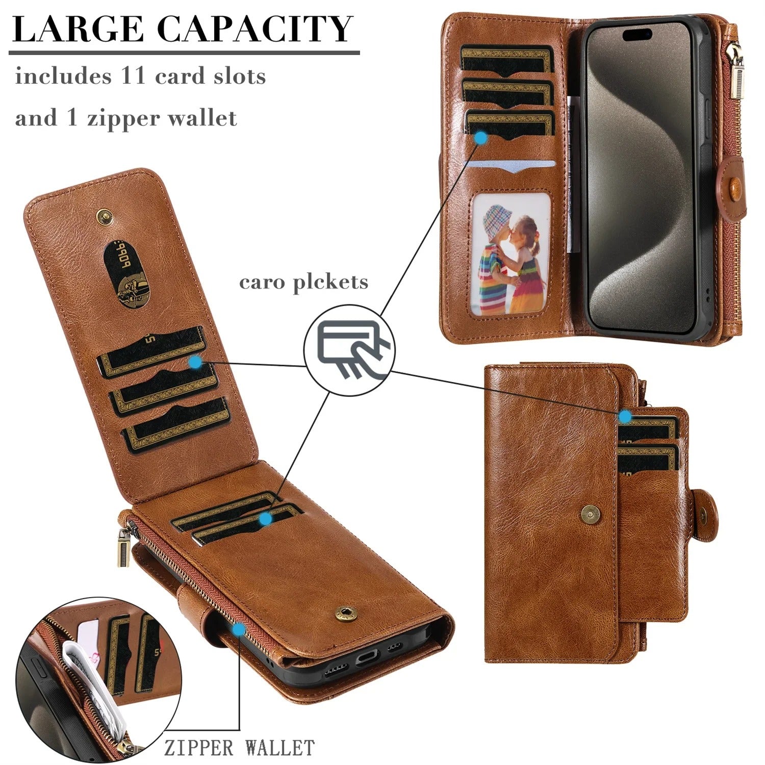 Luxury iPhone Case — Detachable Retro PU Leather Zipper Wallet Cover with Card Slots, Shockproof Anti-Fingerprint Protection & Dustproof Non-Slip Design