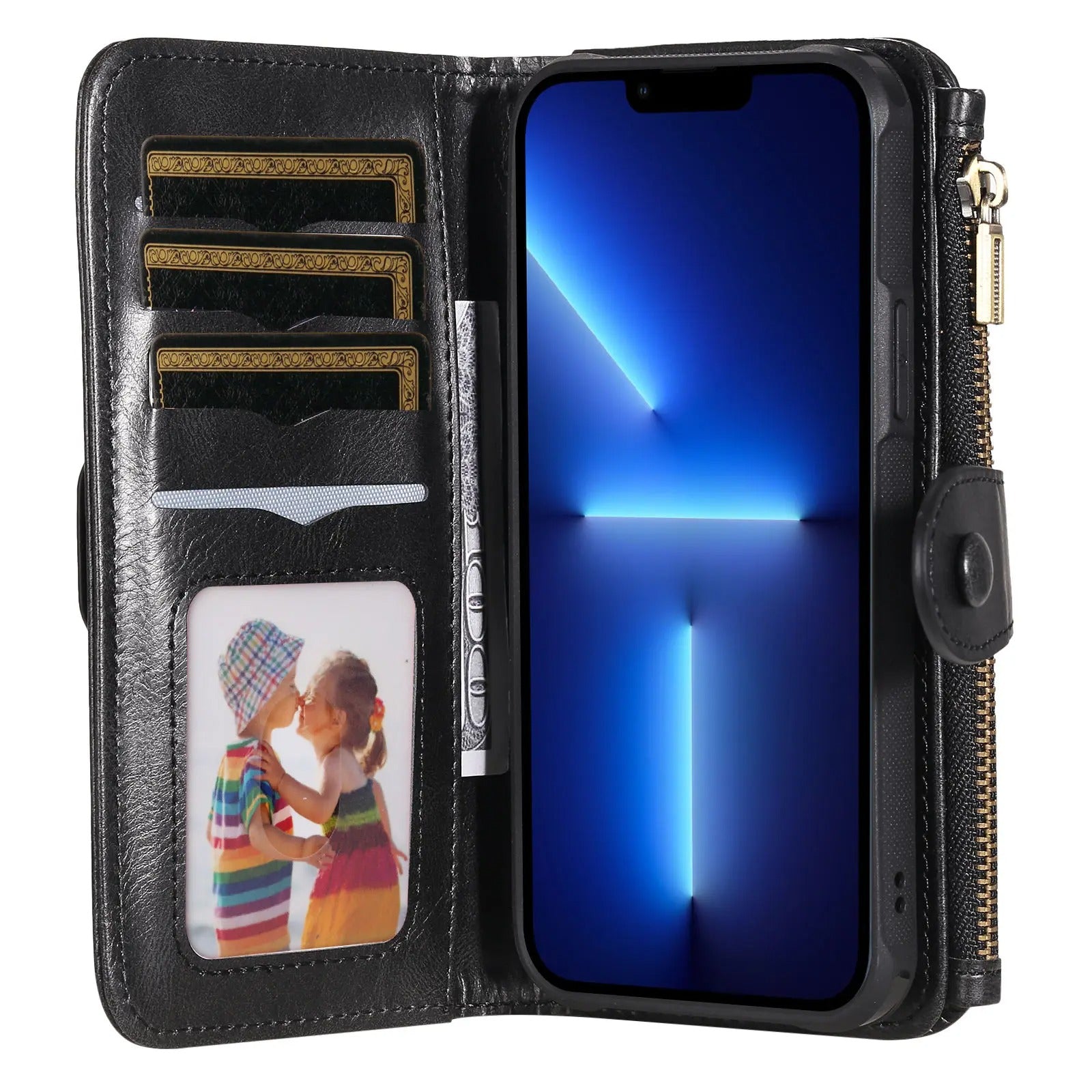 Luxury iPhone Case — Detachable Retro PU Leather Zipper Wallet Cover with Card Slots, Shockproof Anti-Fingerprint Protection & Dustproof Non-Slip Design