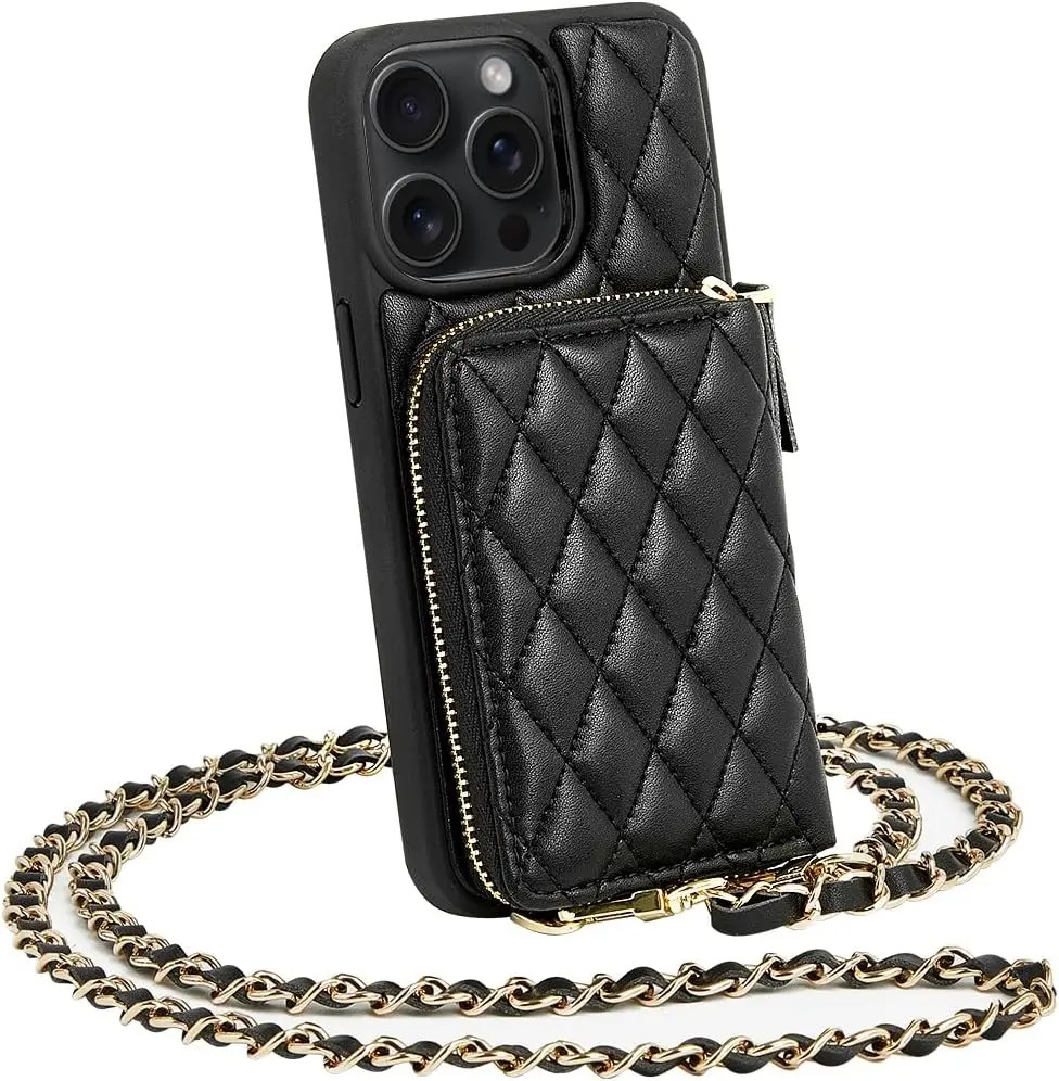 Luxury iPhone Case — Diamond-Stitch Crossbody Card Bag with Chain Strap, Shockproof Leather Design and Non-Slip Portable Protection