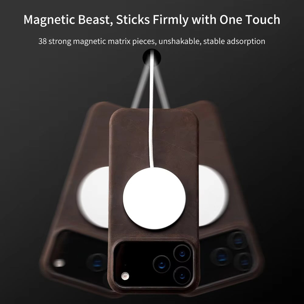 Luxury iPhone Case — Genuine Cowhide Leather Pull-Up Cover with Retro Magnetic Design, MagSafe Compatibility & Shockproof Full-Back Protection