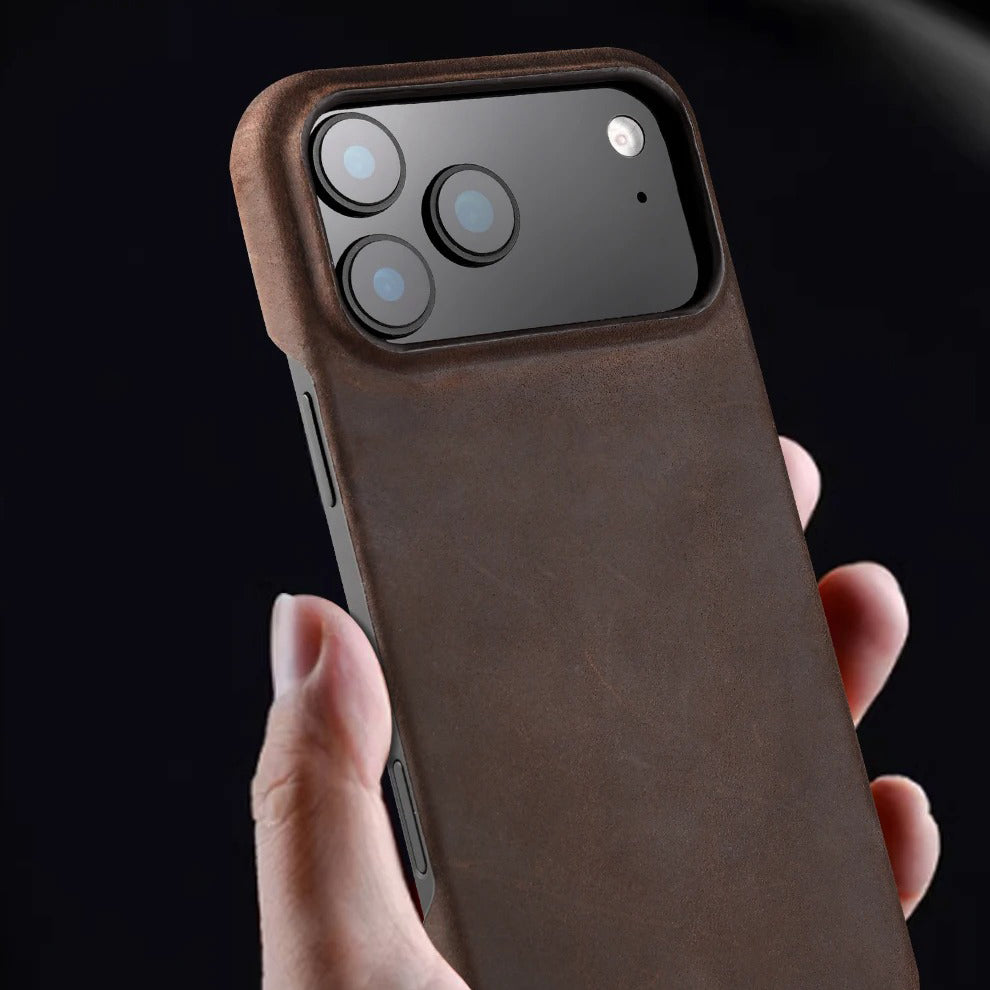 Luxury iPhone Case — Genuine Cowhide Leather Pull-Up Cover with Retro Magnetic Design, MagSafe Compatibility & Shockproof Full-Back Protection