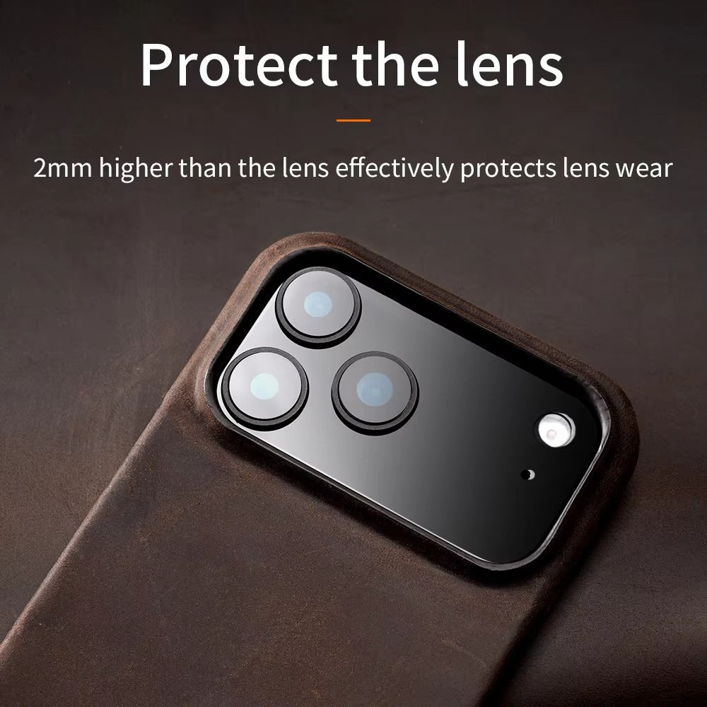 Luxury iPhone Case — Genuine Cowhide Leather Pull-Up Cover with Retro Magnetic Design, MagSafe Compatibility & Shockproof Full-Back Protection