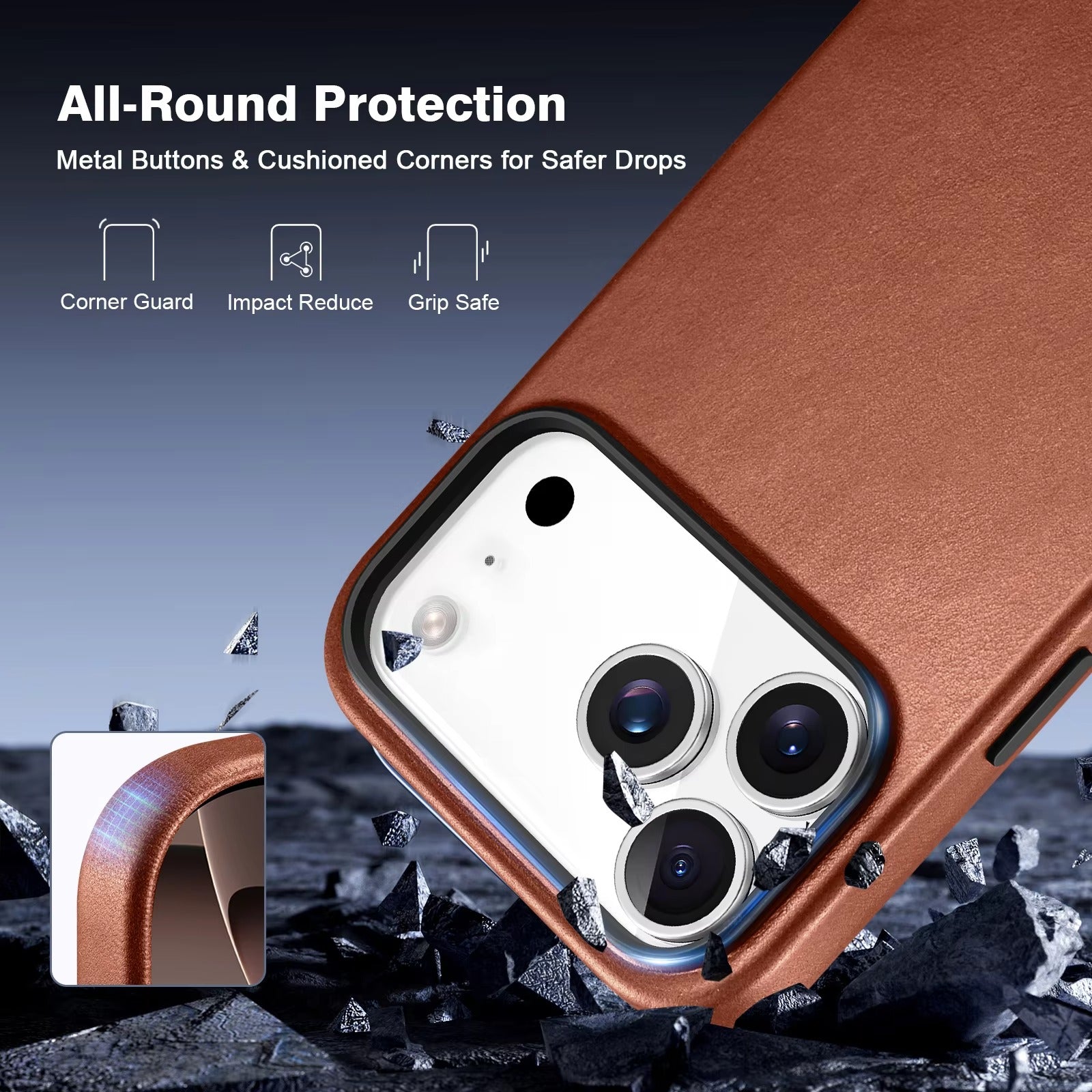 Luxury iPhone Case — Genuine Leather MagSafe Compatible Slim-Fit Cover with Shockproof Full-Coverage Protection, Anti-Fingerprint Non-Slip Design