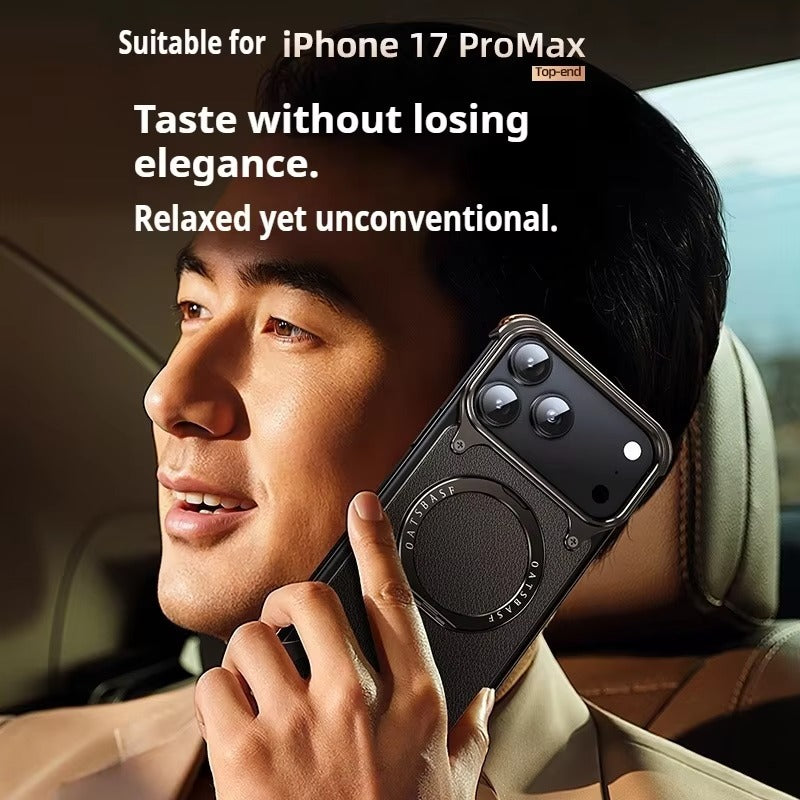 Luxury iPhone Case — Genuine Leather MagSafe Frameless Cover with 360° Rotating Magnetic Stand, Shockproof Anti-Drop Non-Slip Design