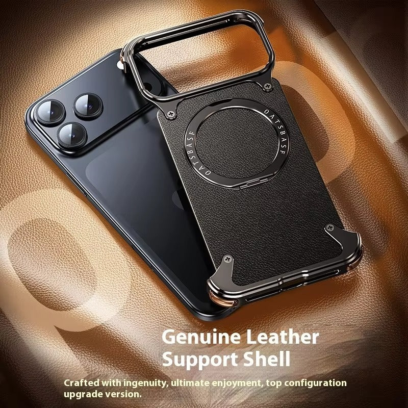 Luxury iPhone Case — Genuine Leather MagSafe Frameless Cover with 360° Rotating Magnetic Stand, Shockproof Anti-Drop Non-Slip Design
