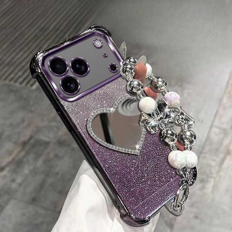 Luxury iPhone Case — Glitter Plating Love Mirror Bracelet Cover with MagSafe Stand Holder, Shockproof Anti-Fingerprint Silicone & Non-Slip Soft Design