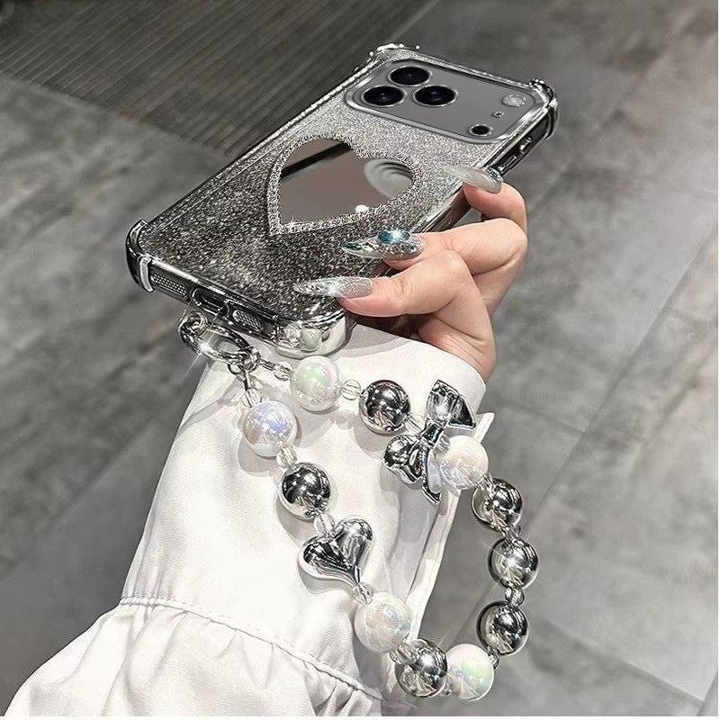 Luxury iPhone Case — Glitter Plating Love Mirror Bracelet Cover with MagSafe Stand Holder, Shockproof Anti-Fingerprint Silicone & Non-Slip Soft Design