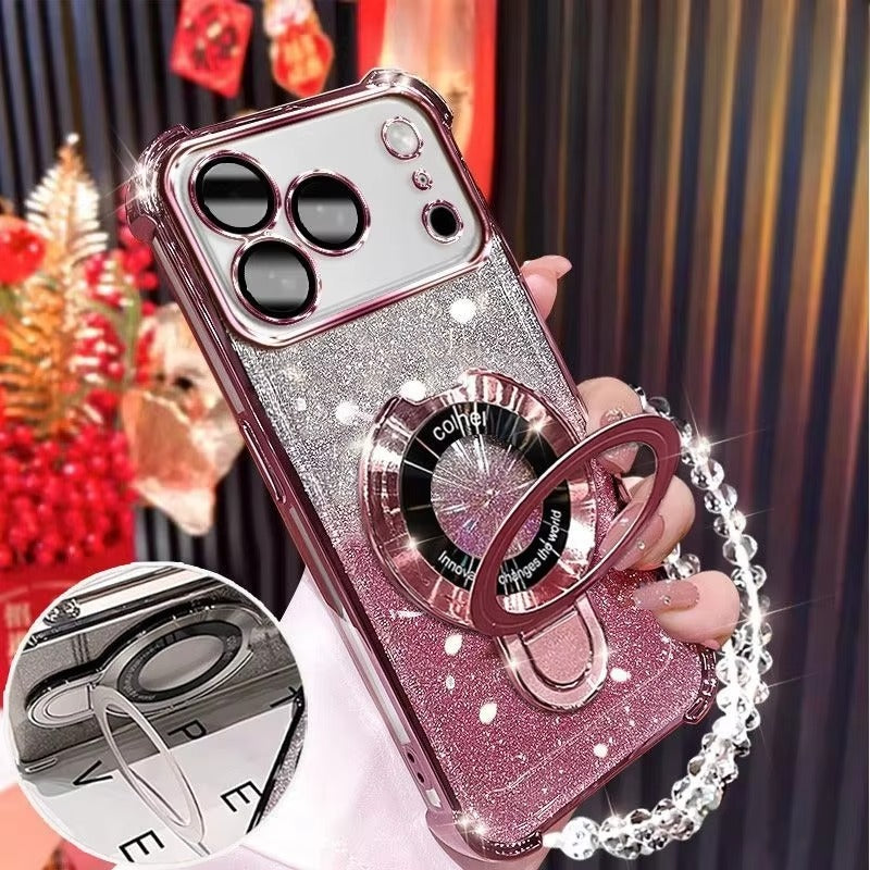 Luxury iPhone Case — Glitter Plating Magnetic Bracelet Cover with Shockproof Dual-Layer Protection, Clear Anti-Fingerprint Silicone, Kickstand Holder & MagSafe Support