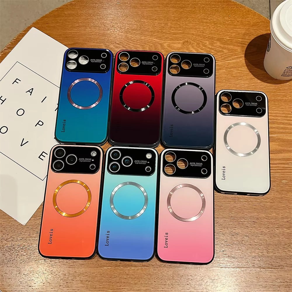 Luxury iPhone Case — Gradient Magnetic Glass Cover, Magsafe Compatible, Wireless Charging, Shockproof, Protective PC+TPU Design