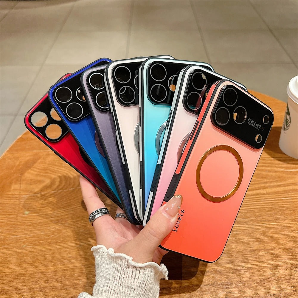 Luxury iPhone Case — Gradient Magnetic Glass Cover, Magsafe Compatible, Wireless Charging, Shockproof, Protective PC+TPU Design