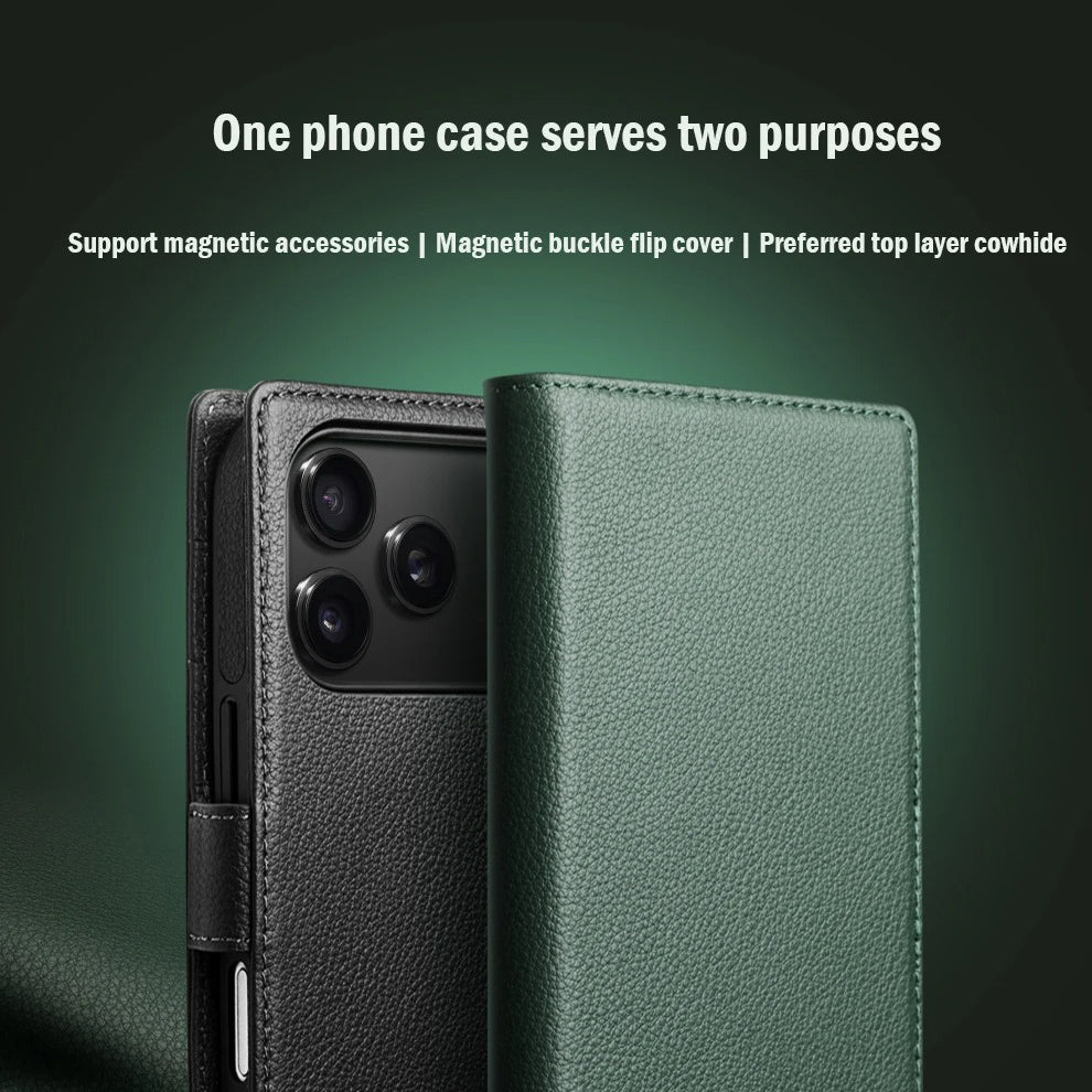 Luxury iPhone Case — Handmade Genuine Leather Wallet Flip Cover with Card Slots, Ultra-Slim Shockproof Design & Horizontal Stand Function