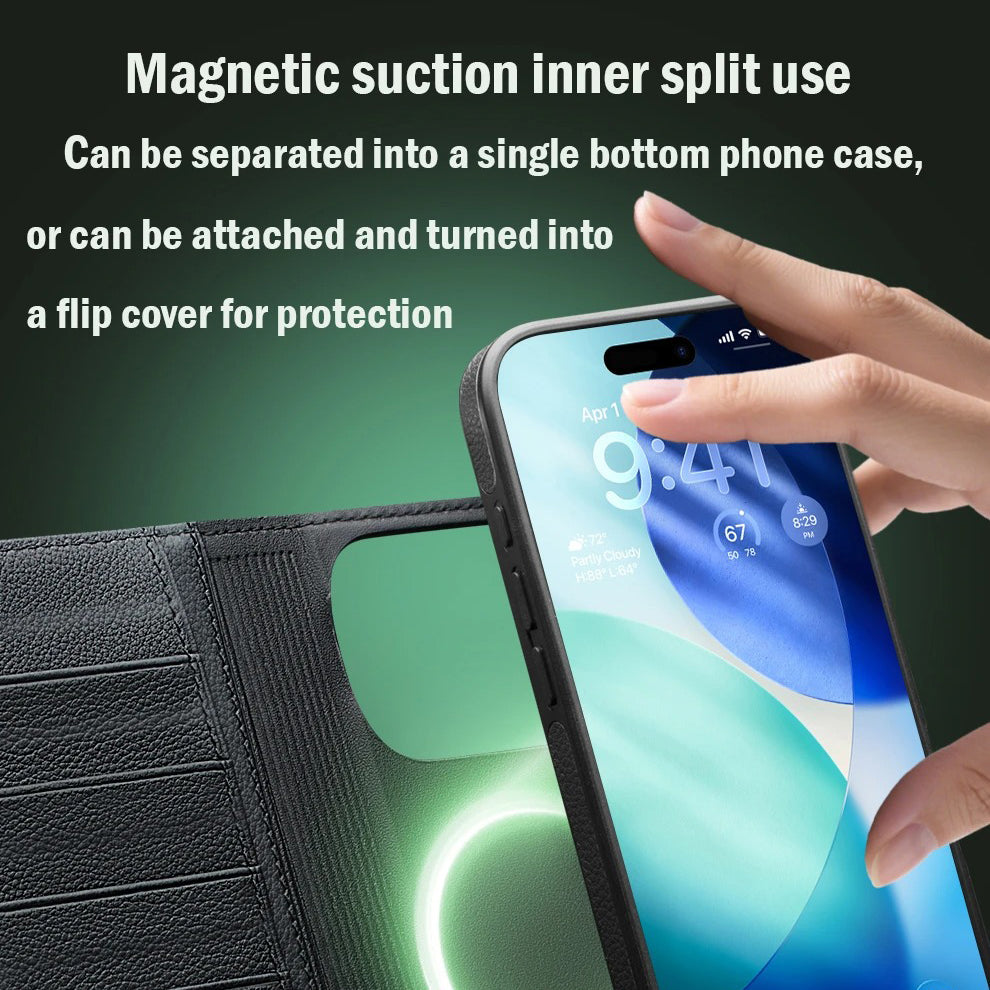 Luxury iPhone Case — Handmade Genuine Leather Wallet Flip Cover with Card Slots, Ultra-Slim Shockproof Design & Horizontal Stand Function