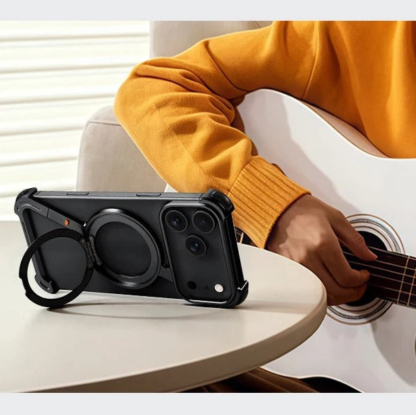 Luxury iPhone Case — MagSafe Aluminum Alloy Metal Bumper with 360° Rotatable Stand, Ring Holder & Shockproof Protection