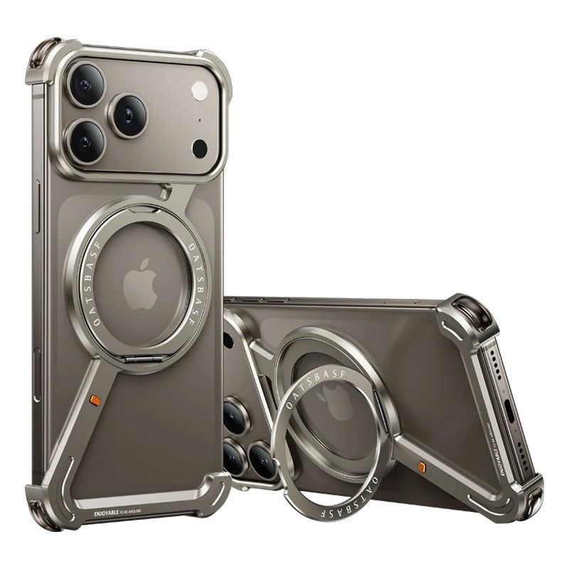 Luxury iPhone Case — MagSafe Aluminum Alloy Metal Bumper with 360° Rotatable Stand, Ring Holder & Shockproof Protection