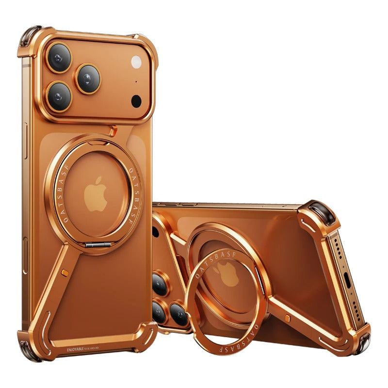 Luxury iPhone Case — MagSafe Aluminum Alloy Metal Bumper with 360° Rotatable Stand, Ring Holder & Shockproof Protection