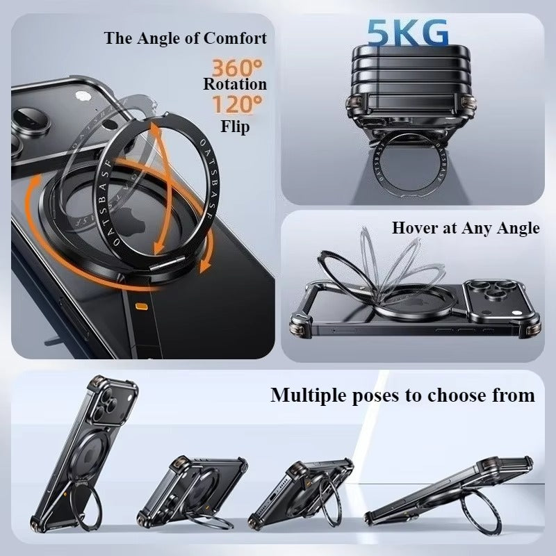 Luxury iPhone Case — MagSafe Aluminum Alloy Metal Bumper with 360° Rotatable Stand, Ring Holder & Shockproof Protection