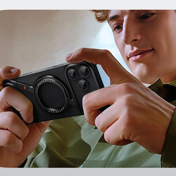 Luxury iPhone Case — MagSafe Aluminum Alloy Metal Bumper with 360° Rotatable Stand, Ring Holder & Shockproof Protection