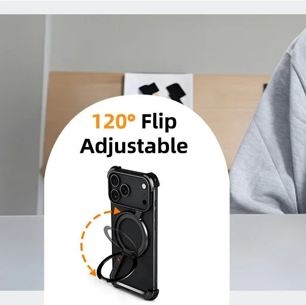 Luxury iPhone Case — MagSafe Aluminum Alloy Metal Bumper with 360° Rotatable Stand, Ring Holder & Shockproof Protection