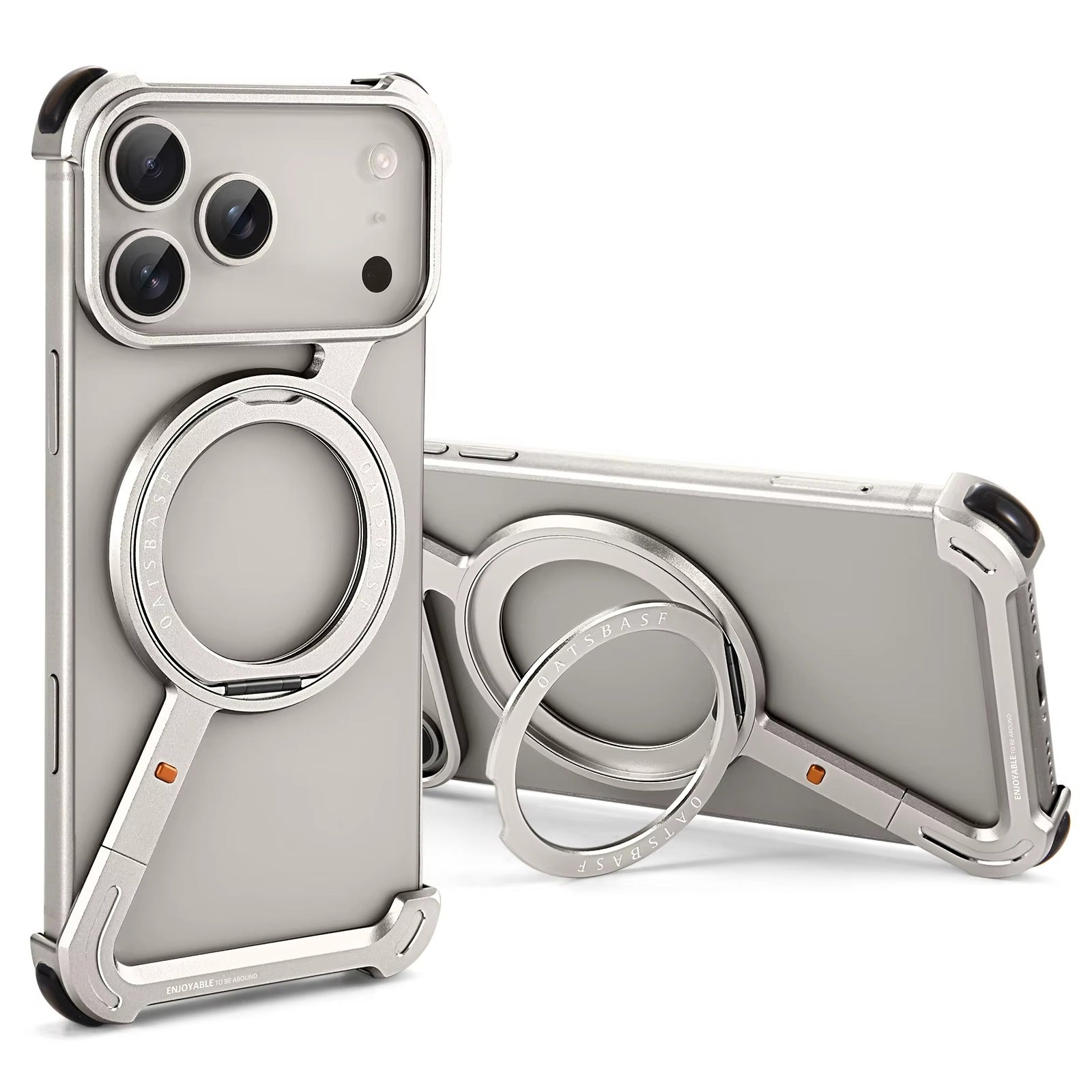 Luxury iPhone Case — MagSafe Aviation Aluminum Z-Shape Bumper with Rotatable Stand, Air-Cushion Anti-Fall Protection and Magnetic Ring Support