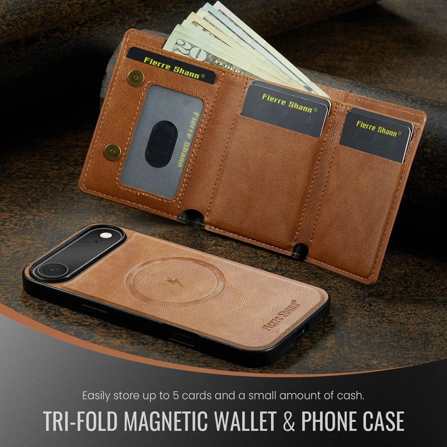Luxury iPhone Case — MagSafe Detachable Leather Wallet Cover with Magnetic Stand, 5-Card Storage, Retro Design and Wireless-Charging Safe Back Case