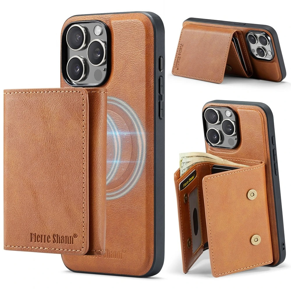 Luxury iPhone Case — MagSafe Detachable Leather Wallet Cover with Magnetic Stand, 5-Card Storage, Retro Design and Wireless-Charging Safe Back Case