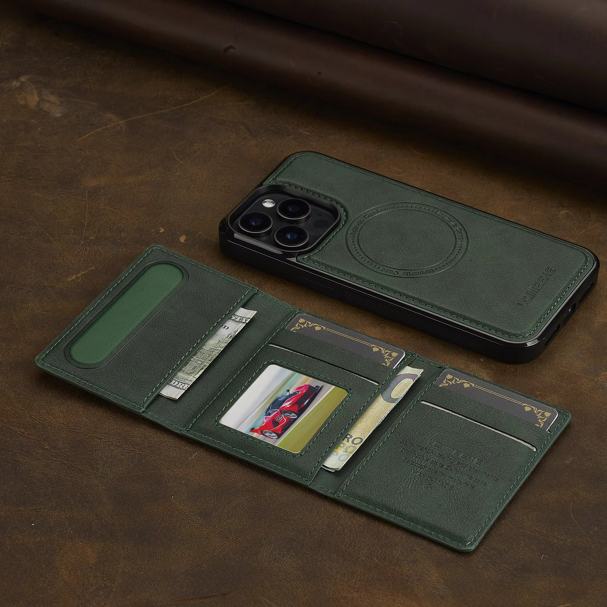 Luxury iPhone Case — MagSafe Detachable PU Leather Wallet Cover with Card Holder, Magnetic Back, Wireless-Charging Safe and Anti-Fingerprint Design