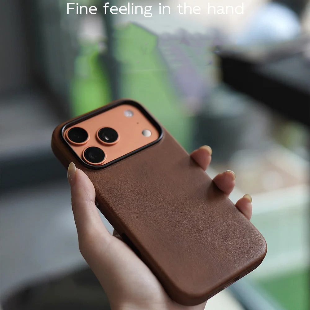 Luxury iPhone Case — MagSafe Genuine Cowhide Leather Cover with Retro Full-Body Design and Anti-Fingerprint Magnetic Protection