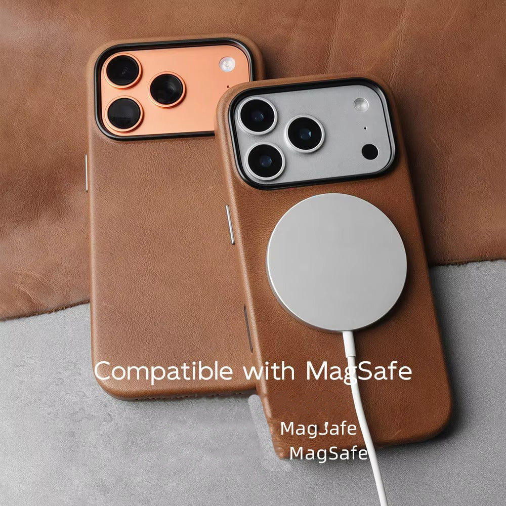 Luxury iPhone Case — MagSafe Genuine Cowhide Leather Cover with Retro Full-Body Design and Anti-Fingerprint Magnetic Protection