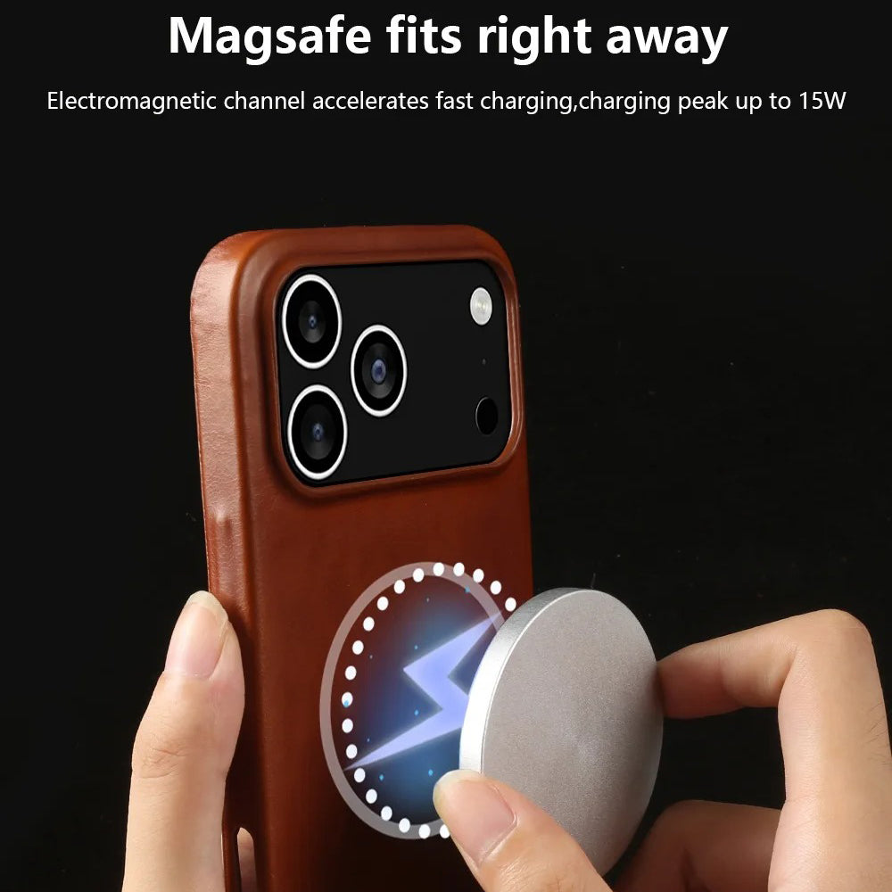 Luxury iPhone Case — MagSafe Vintage Oil-Wax Genuine Leather Cover with Full-Covered Shockproof Protection, Dustproof Anti-Slip Design
